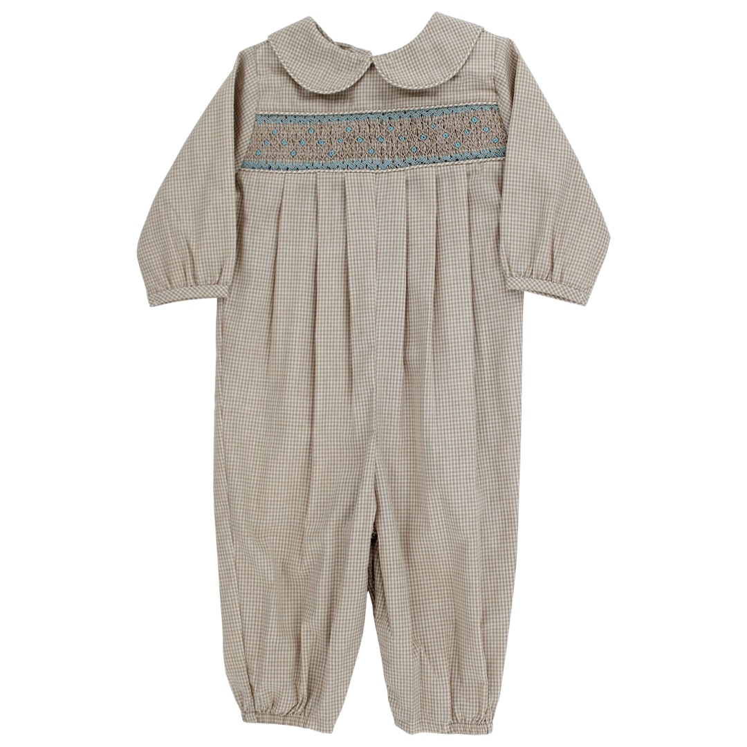 Smocked Dressy Long Bubble - Khaki Check