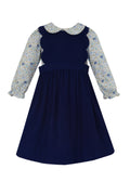 Navy Cord. Jumper w/ Floral Blouse