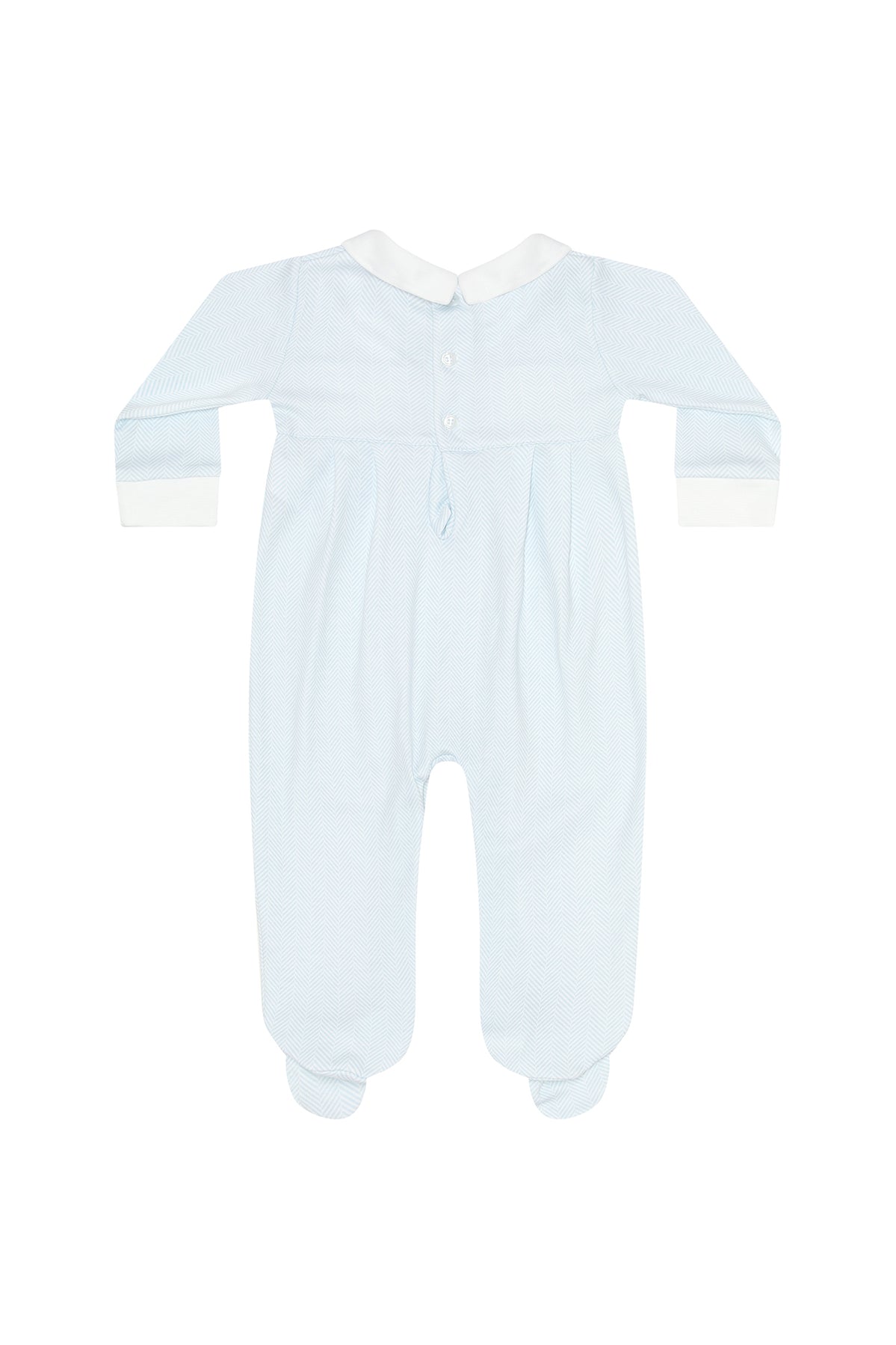 Train Emb. Footie - Blue Herringbone