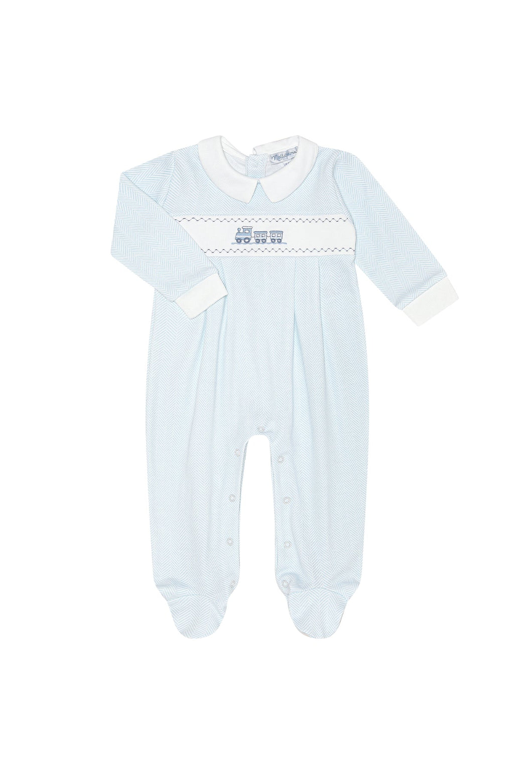 Train Emb. Footie - Blue Herringbone