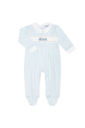Train Emb. Footie - Blue Herringbone