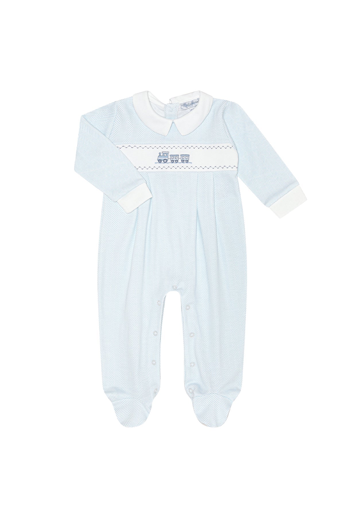 Train Emb. Footie - Blue Herringbone