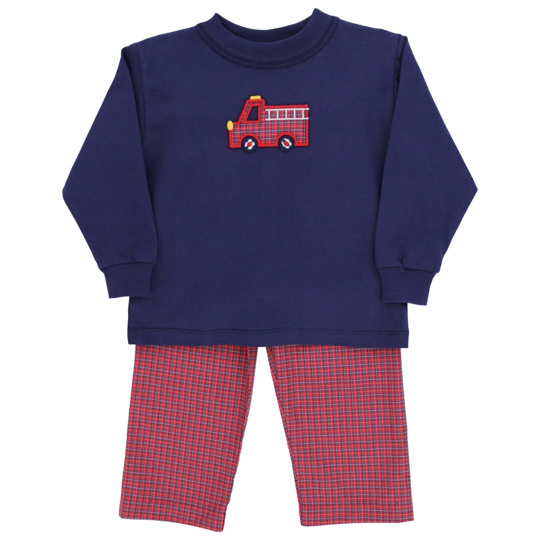 Little Plaid Firetruck Pant Set